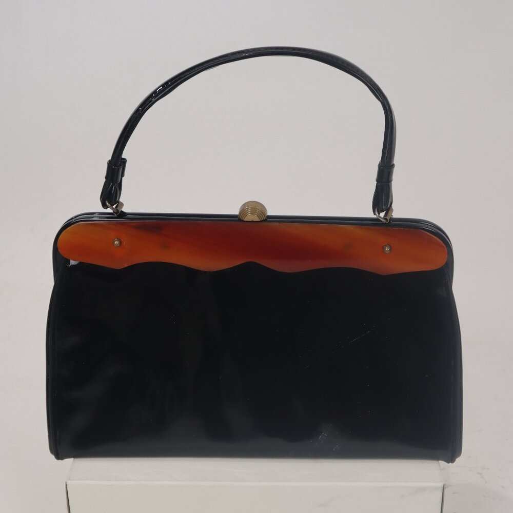 ❄️ Vtg 60's Verdi Black Patent Leather Tortoise Handbag Purse Satchel Acrylic